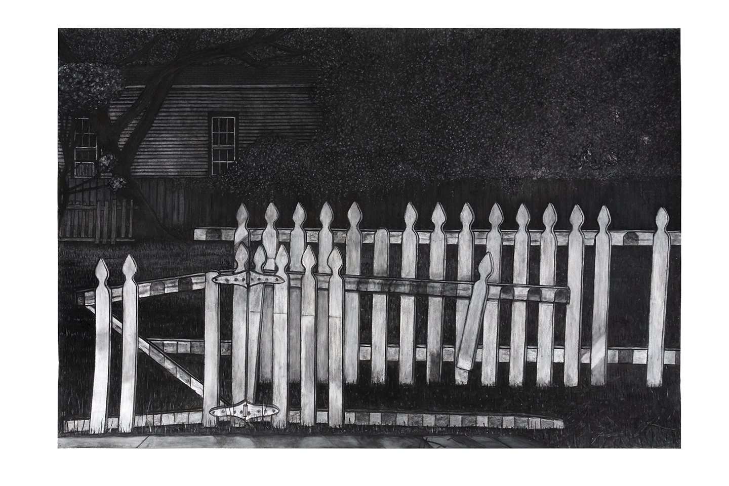 Broken Dreams (Tattered White Picket Fence), 2020-2021
Charcoal and Acrylic on Paper
60 &amp;times; 90 inches