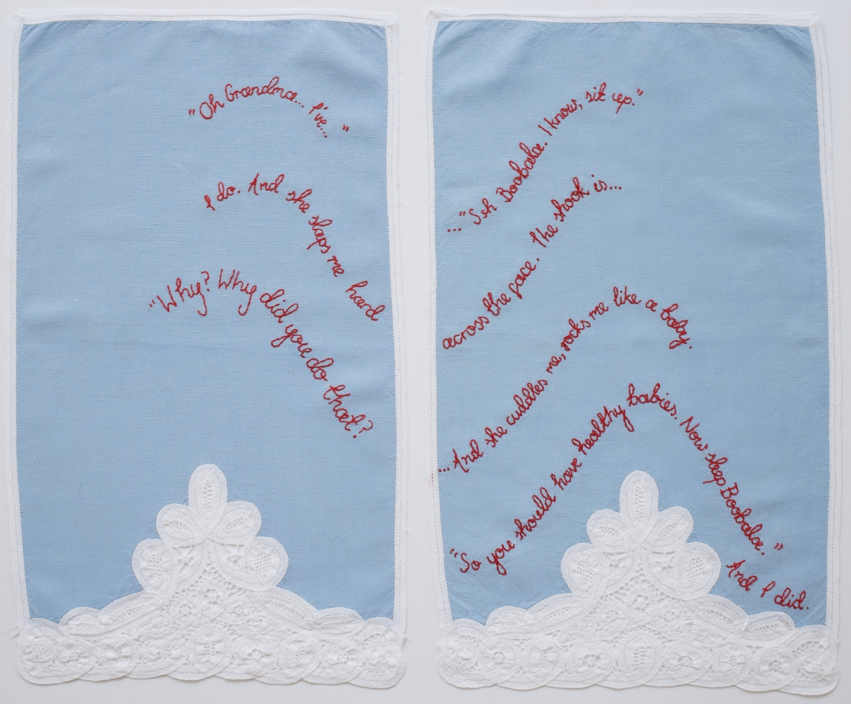 Ssh Boobala, 2019
Embroidery on vintage linen tea towels
18.5&amp;nbsp;x 22 inches
&amp;nbsp;