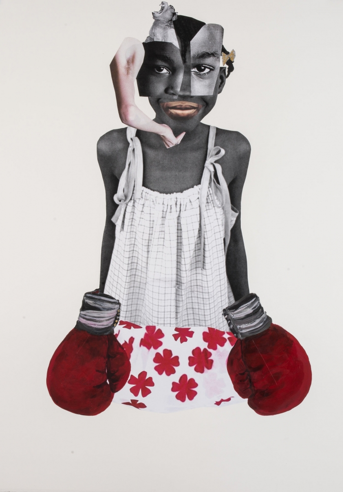 Deborah Roberts
She&amp;rsquo;s might mighty, 2017
Mixed media on paper
30 x 22 inches