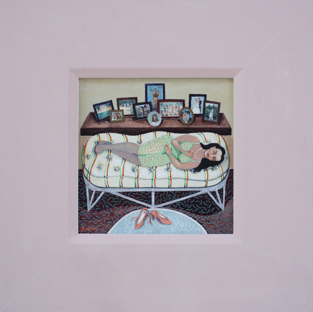 Nick Quijano

Siesta en el catre (Nap on the cot), 2012

Gouache on Arches paper with wood matte

12.5 x 12.5 inches