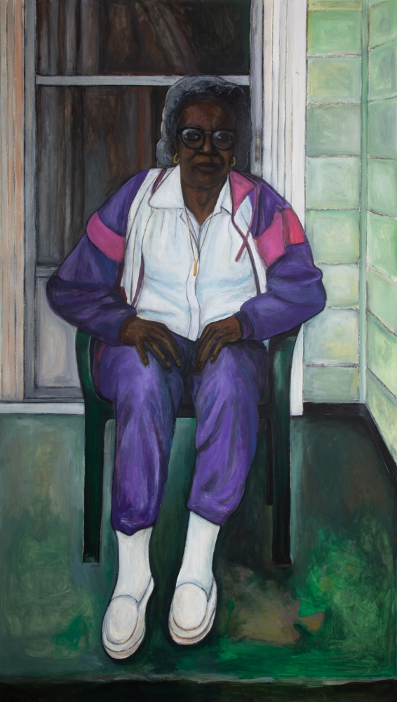 Woman in Purple Sweatsuit, 1998
Acrylic and charcoal on paper
78.5 x 45&amp;nbsp;inches