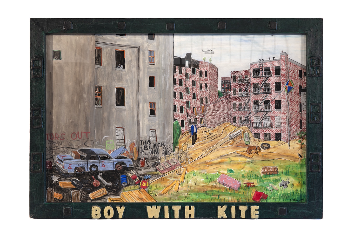 Boy with Kite, 1987
Pencil graphite and gouache on paper with acrylic painted papier-m&amp;acirc;ch&amp;eacute; frame
30.25 x 44.25 x 1.5 inches