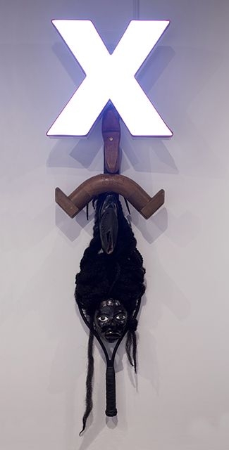 LUENDA: DARK BLACK. WITCH. BEATS FACE WITH MOON LIGHT. AGGRESSIVE NAP LOVER. X= IMPERVIOUS = DEEP LOVE., 2019
Mixed-media assemblage
66.5&amp;nbsp;x 20&amp;nbsp;x 11.5&amp;nbsp;inches