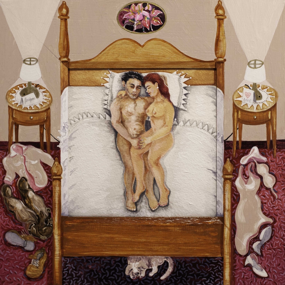 Amor En La Cama (Bedtime Love), 2021
Gouache on Arches paper with wood matte
12.5 &amp;times; 12.5 inches