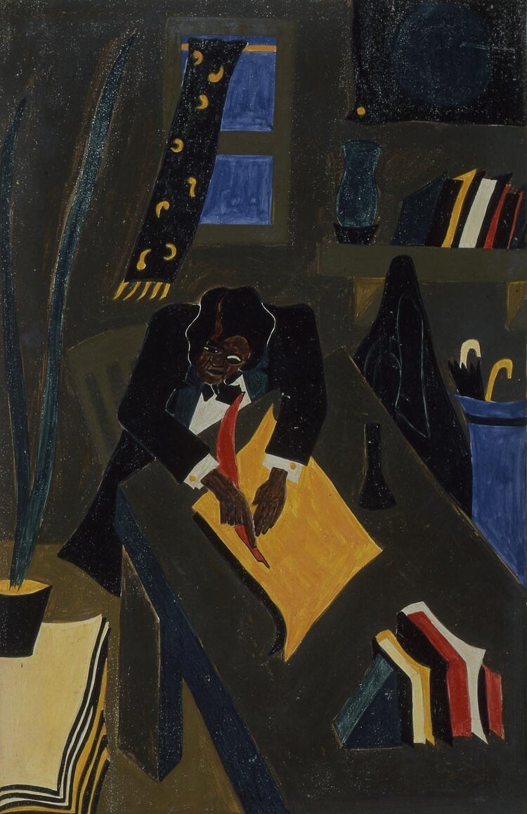 Jacob Lawrence, The Life of Frederick Douglass, Panel no. 21: &amp;quot;Leaving England in the spring of 1847 with a large sum of money given to him by sympathizers of the antislavery movement, he arrived in Rochester New York, and founded the Negro paper &amp;lsquo;The North Star.&amp;rsquo; As editor of the &amp;lsquo;North Star,&amp;rsquo; he wrote of the many current topics affecting the Negro, such as the Free Soil Convention at Buffalo, the nomination of Martin Van Buren, the Fugitive Slave Law, and the Dred Scott Decision.&amp;rdquo;, 1939
Courtesy of the Museum of Modern Art