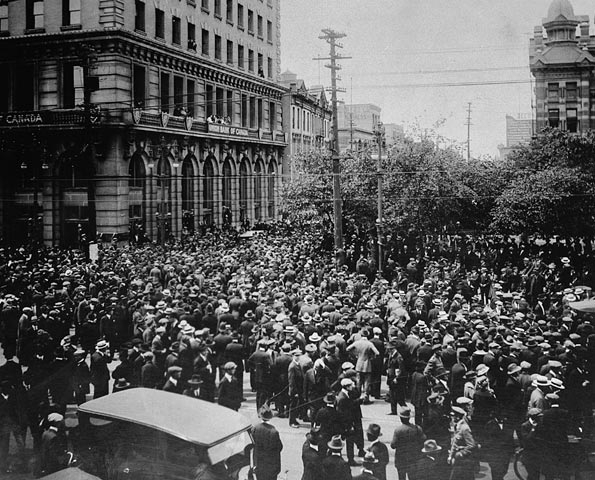 Crowd gathered outside old City Hall during the&nbsp;Winnipeg General Strike&nbsp;in 1919. Courtesy of Library and Archives of Canada.