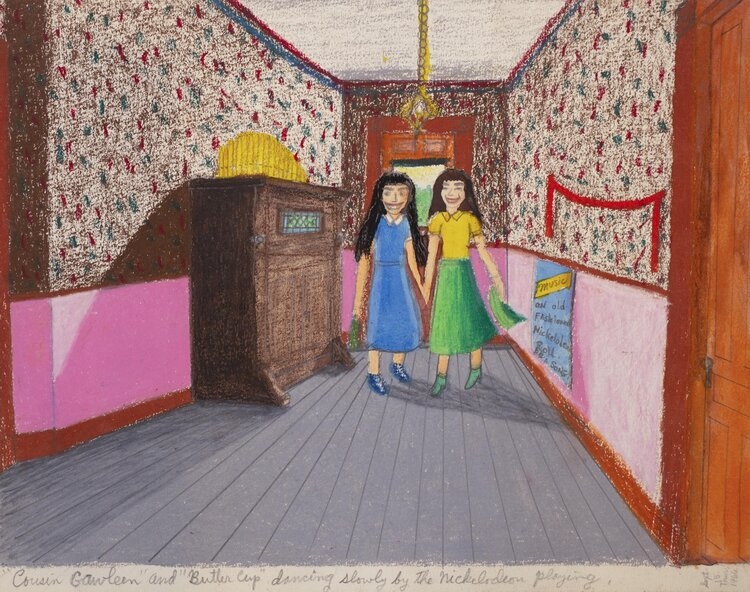 Gayleen Aiken, &quot;Cousins Gawleen&quot; and &quot;Butter Cup&quot; dancing slowly by the nickelodeon playing., 1966