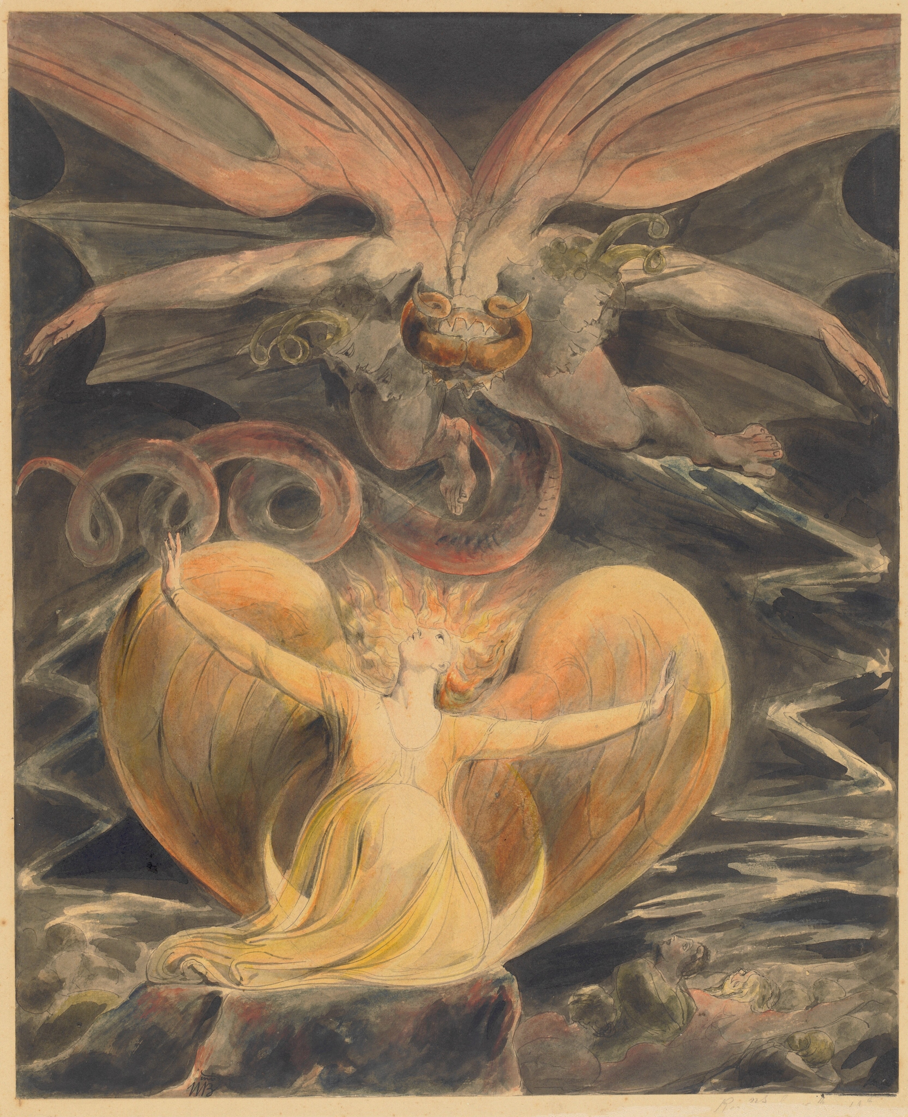 William Blake,&nbsp;The Great Red Dragon and the Woman Clothed with the Sun,&nbsp;
c. 1805, Pen and gray ink with watercolor over graphite, 16.25 x 13.25 inches
Courtesy of the National Gallery of Art.