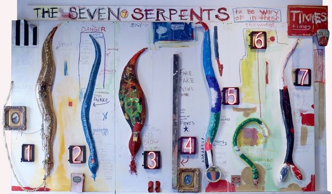 the seven serpents
machine of spiritual protection (activation of physical self &amp;amp; conscious soul).
An Anger Reckoning against the terror of dimensional weathering.
Misery Resistance., 2019
Mixed-media assemblage
111 x 67 x 7.5&amp;nbsp;inches
