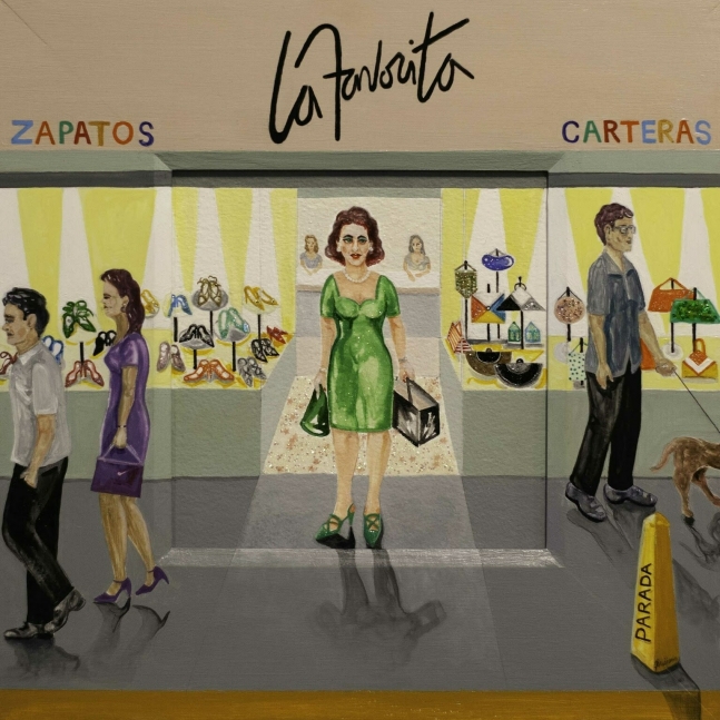 La Favorita (My Aunt Shoe Shopping), 2021
Gouache on Arches paper with wood matte
12.5 &amp;times; 12.5 inches