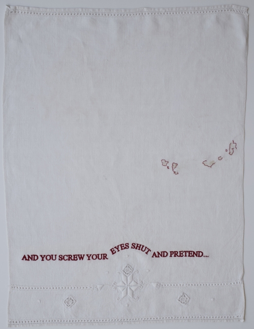 Eyes Shut, 2019
Embroidery on vintage linen tea towel
20.5&amp;nbsp;x 15.5&amp;nbsp;inches
&amp;nbsp;