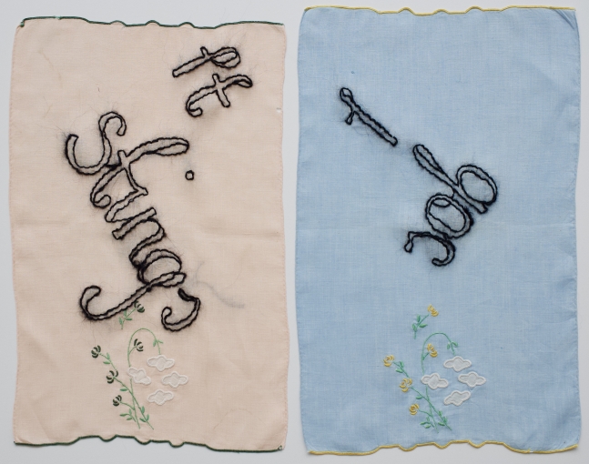It Stings, 2019
Embroidery on vintage linen tea towel
13.5 x 17 inches