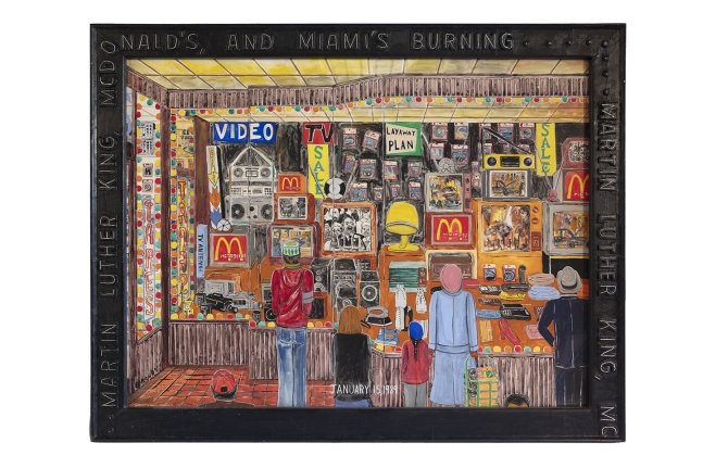 Martin Luther King, McDonald&amp;rsquo;s &amp;amp; Miami&amp;rsquo;s Burning,1989
Pencil graphite and gouache on paper with acrylic painted papier-m&amp;acirc;ch&amp;eacute; frame
44.5 x 56.5 x 1.75 inches