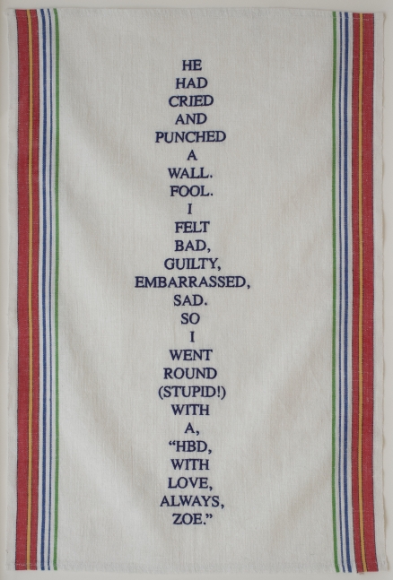 Fool, 2018
Embroidery on vintage linen tea towel
24.5&amp;nbsp;x 16 inches
&amp;nbsp;