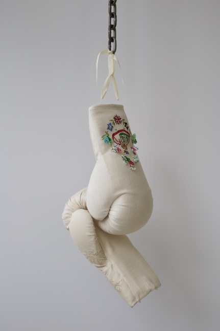 Like The Way She Made Tea, 2018
2 boxing gloves, vintage linen, chain
24 x 7 x 8.5&amp;nbsp;inches